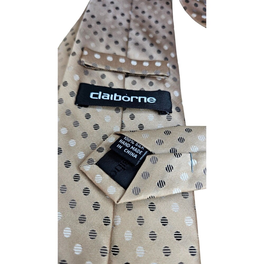 Claiborne Mens Silk Neck Tie Beige Brown Polka Dot Classic